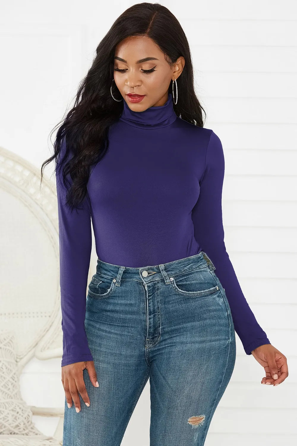 Turtleneck Long Sleeve Bodysuit Dark Blue