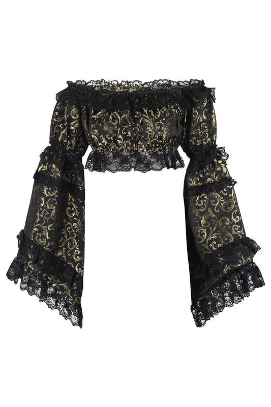 Gold/Black Brocade Smocked Flare Sleeve Peasant Top