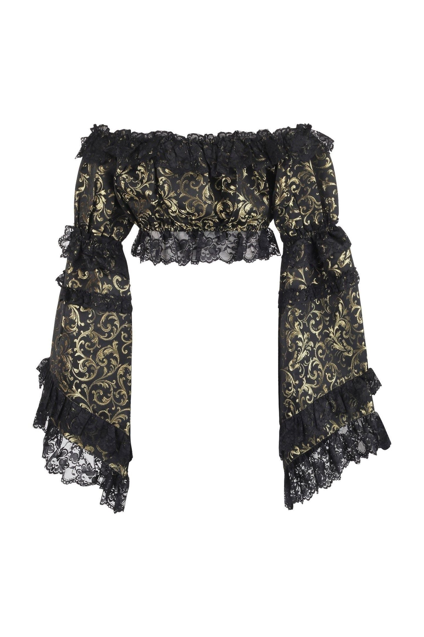 Gold/Black Brocade Smocked Flare Sleeve Peasant Top - Daisy Corsets