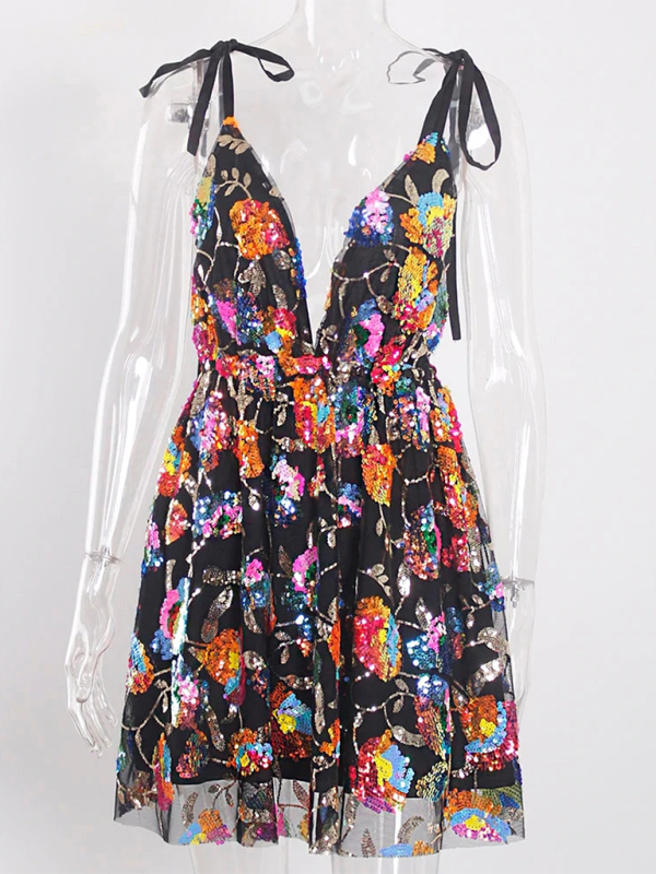 Sexy Deep V Backless Sequin Floral Strappy Short Dress Black