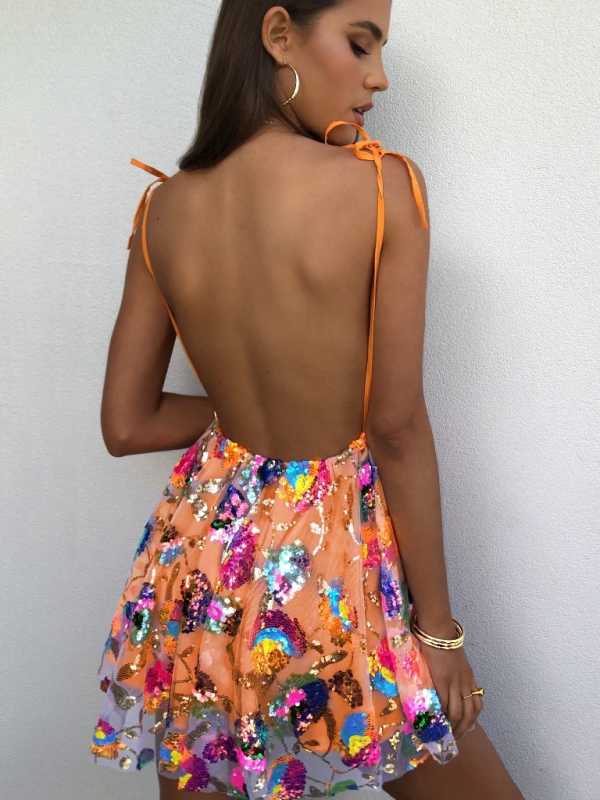 Sexy Deep V Backless Sequin Floral Strappy Short Dress