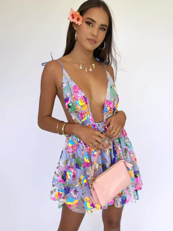 Sexy Deep V Backless Sequin Floral Strappy Short Dress Purple