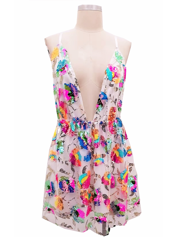 Sexy Deep V Backless Sequin Floral Strappy Short Dress