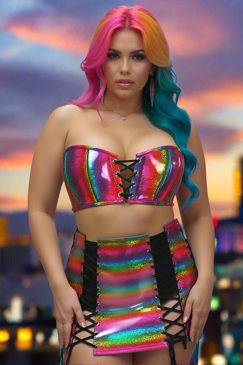 Lavish 2 Piece Rainbow Glitter Bustier and Skirt Set by Daisy Corsets in Size S, M, L, XL, 2X, 3X, 4X, 5X, or 6X