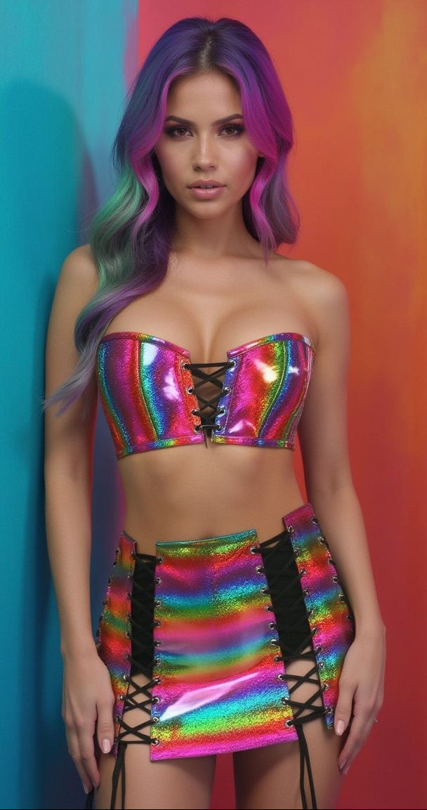 Lavish 2 Piece Rainbow Glitter Bustier and Skirt Set by Daisy Corsets in Size S, M, L, XL, 2X, 3X, 4X, 5X, or 6X
