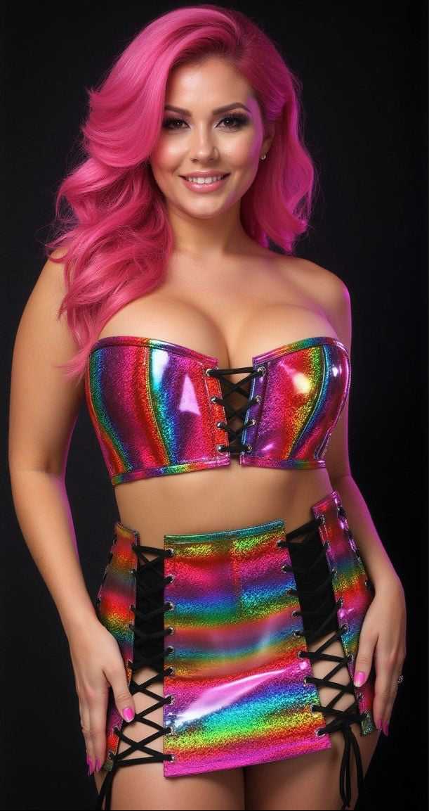Lavish 2 Piece Rainbow Glitter Bustier and Skirt Set by Daisy Corsets in Size S, M, L, XL, 2X, 3X, 4X, 5X, or 6X
