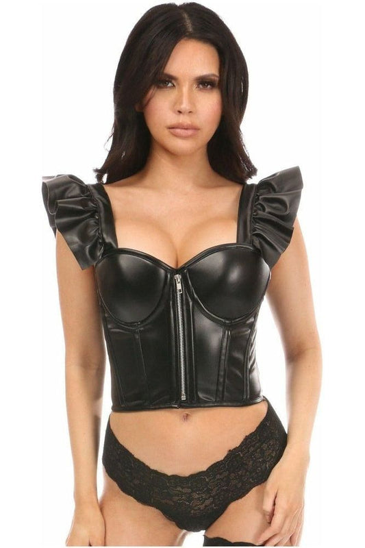Lavish Black Faux Leather Bustier Top w/Ruffle Sleeves