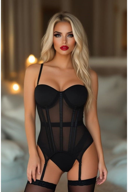 Lavish Black Mesh Underwire Bustier Corset w/Garters