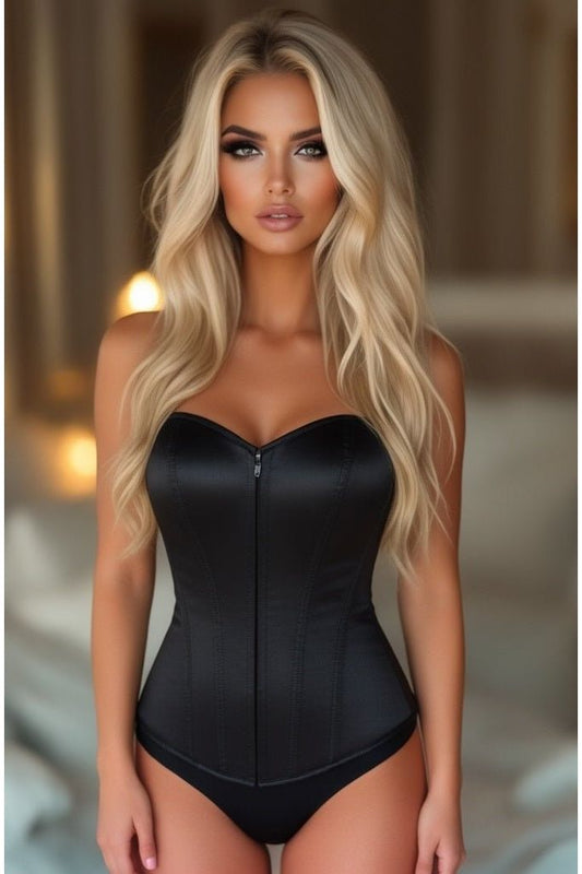 Lavish Black Satin Overbust Sweetheart Front Zipper Corset Top