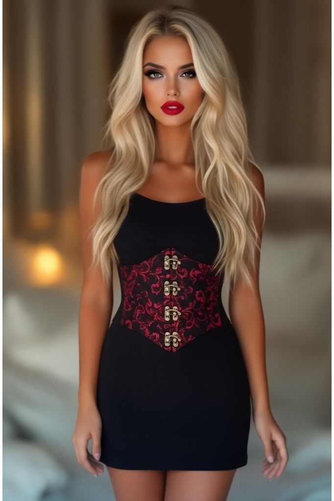 Lavish Black/Red Swirl Brocade Corset Belt Cincher w/Clasps - Daisy Corsets