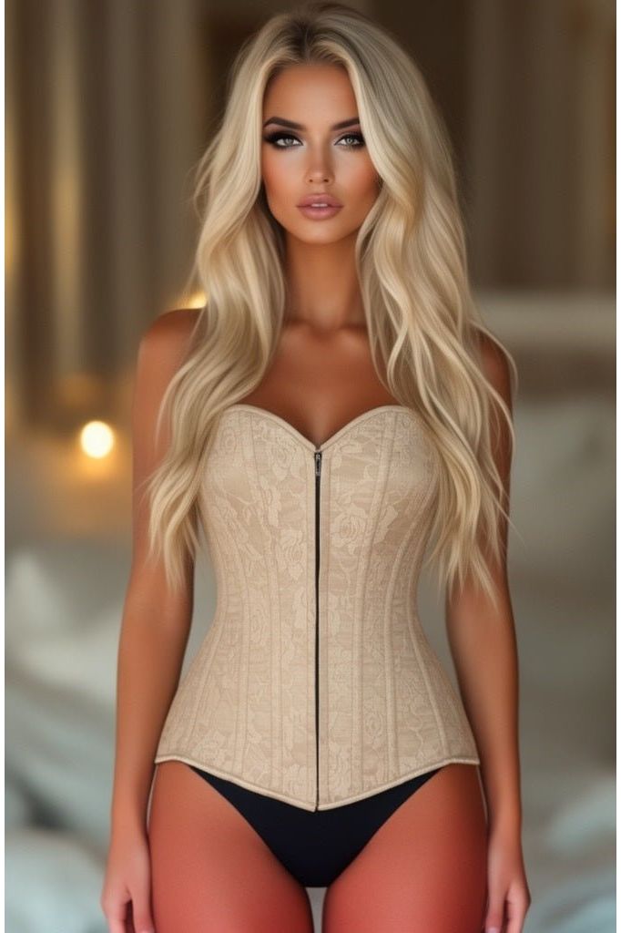 Lavish Dark Beige Lace Overbust Corset w/Zipper - Daisy Corsets