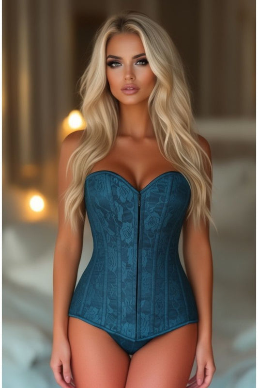 Lavish Dark Teal Lace Overbust Corset w/Zipper