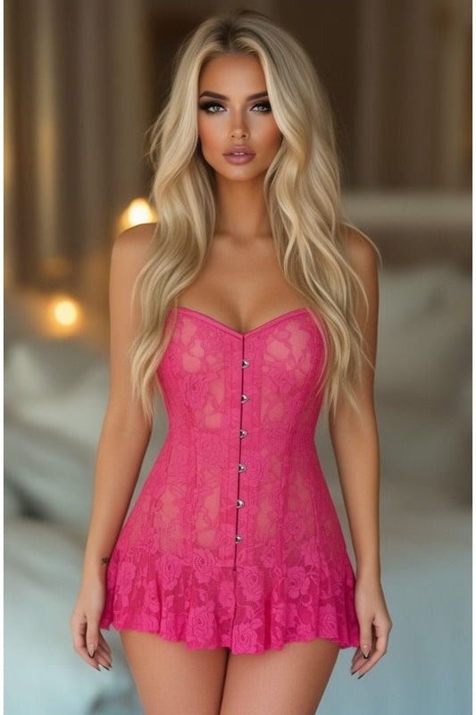 Lavish Fuchsia Sheer Lace Corset Dress