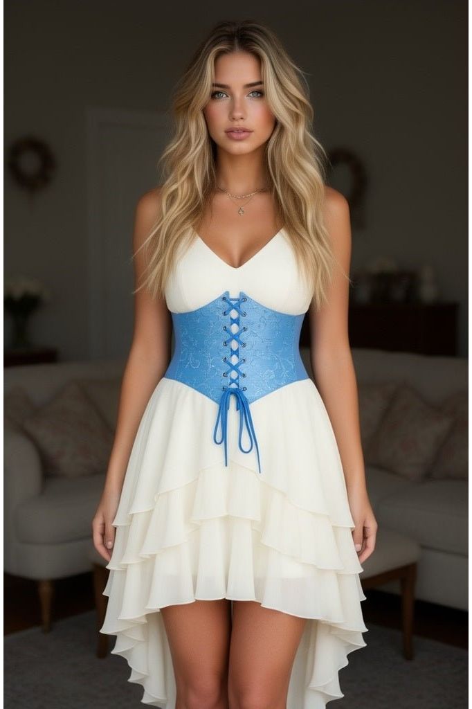 Lavish Lt Blue Brocade Corset Belt Cincher - Daisy Corsets