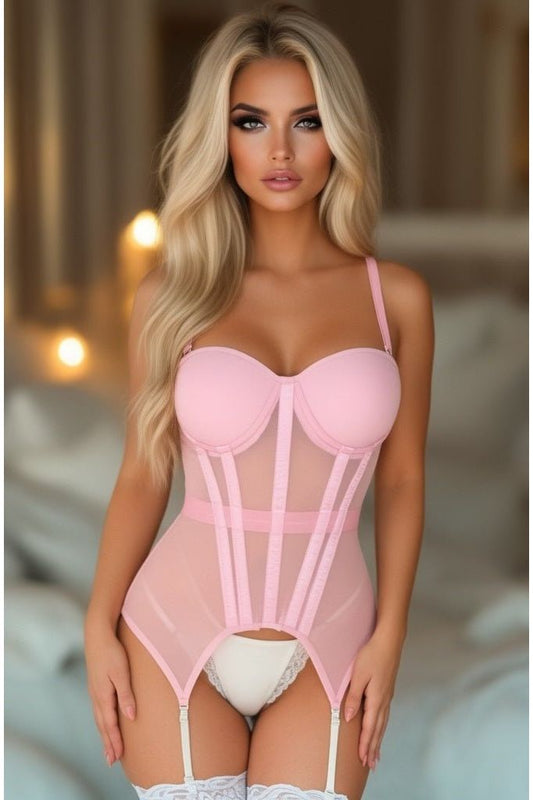 Lavish Lt Pink Mesh Underwire Bustier Corset w/Garters