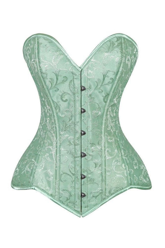 Lavish Mint Green Brocade Overbust Corset W/Busk Closure