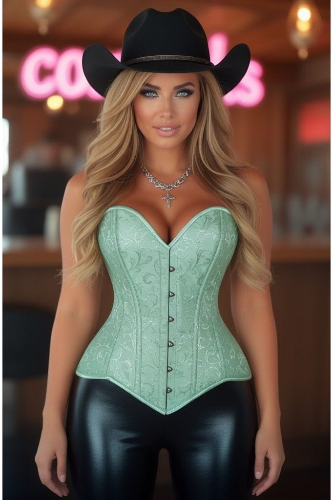 Lavish Mint Green Brocade Overbust Corset W/Busk Closure - Daisy Corsets