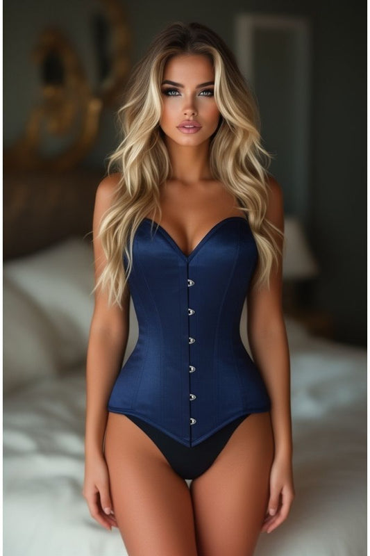 Lavish Navy Blue Satin Overbust Corset Sweetheart Neckline Busk Closure