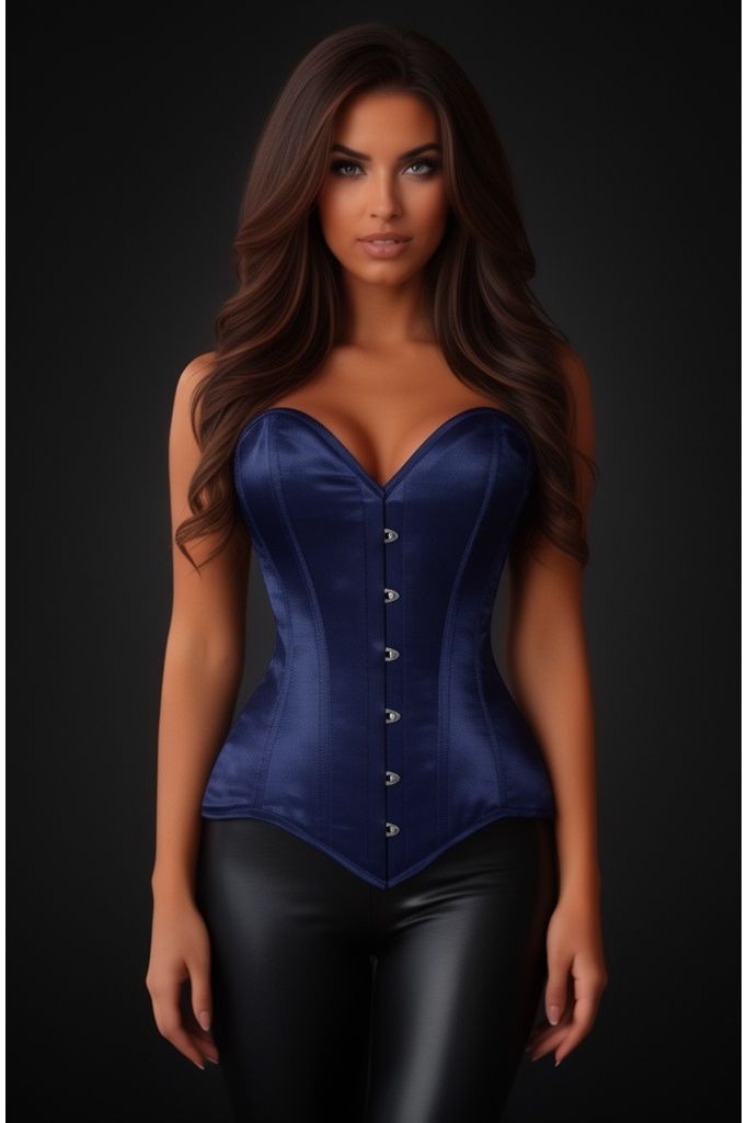 Lavish Navy Blue Satin Overbust Corset Sweetheart Neckline Busk Closure - Daisy Corsets