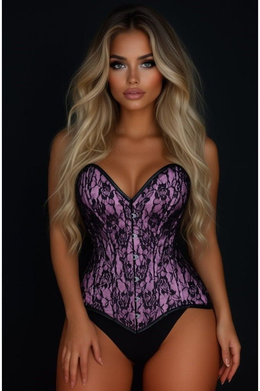 Lavish Pink/Black Lace Overbust Corset Sweetheart Neckline Busk Closure