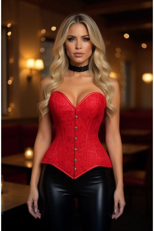 Lavish Red Lace Overbust Corset Sweetheart Neckline Busk Closure