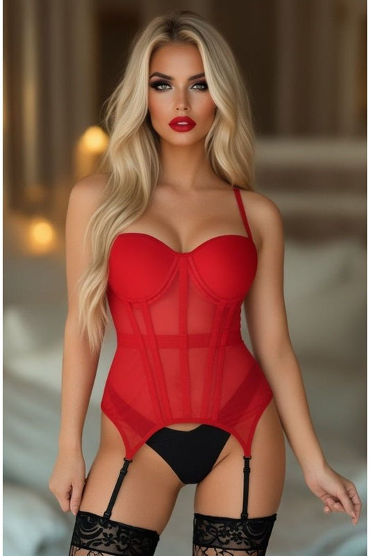 Lavish Red Mesh Underwire Bustier Corset w/Garters