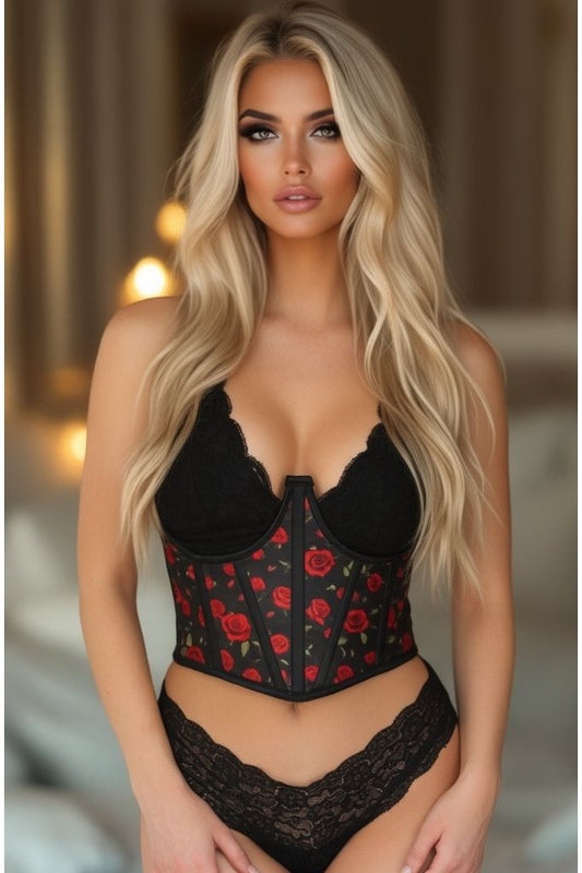 Lavish Red Roses Satin Open Cup Waist Cincher