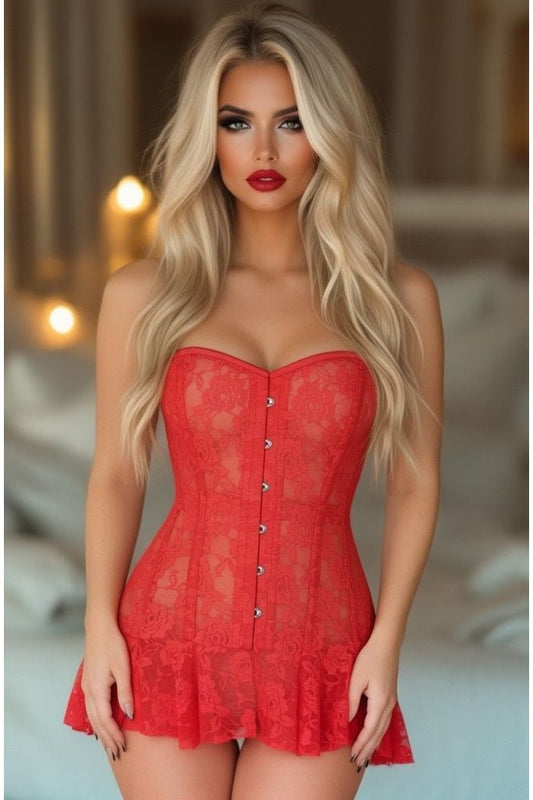 Lavish Red Sheer Lace Corset Dress