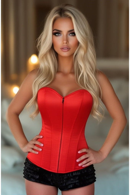 Lavish Red Satin Overbust Sweetheart Front Zipper Corset Top