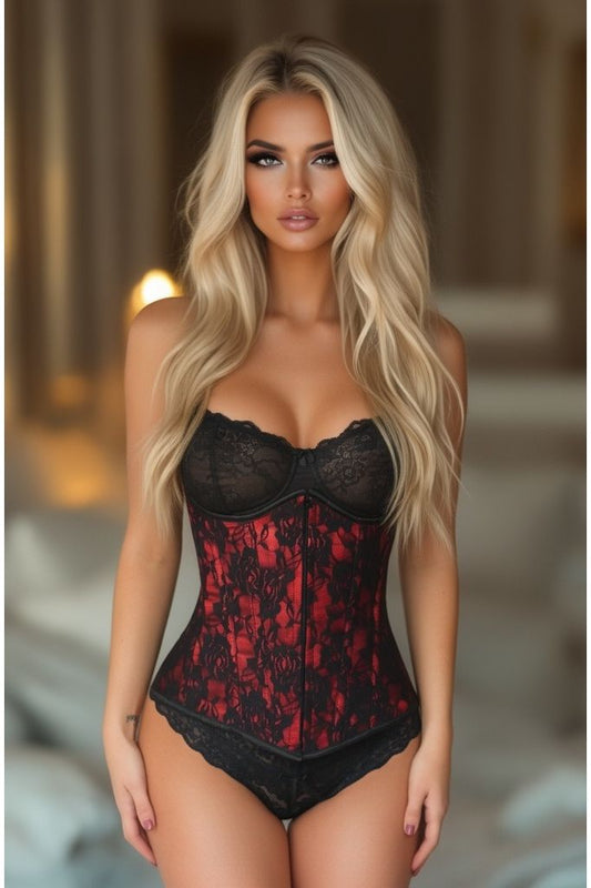 Lavish Red Underbust Corset w/Black Lace Overlay