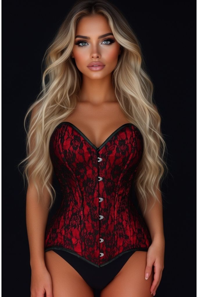 Lavish Red/Black Lace Overbust Corset Sweetheart Neckline Busk Closure - Daisy Corsets