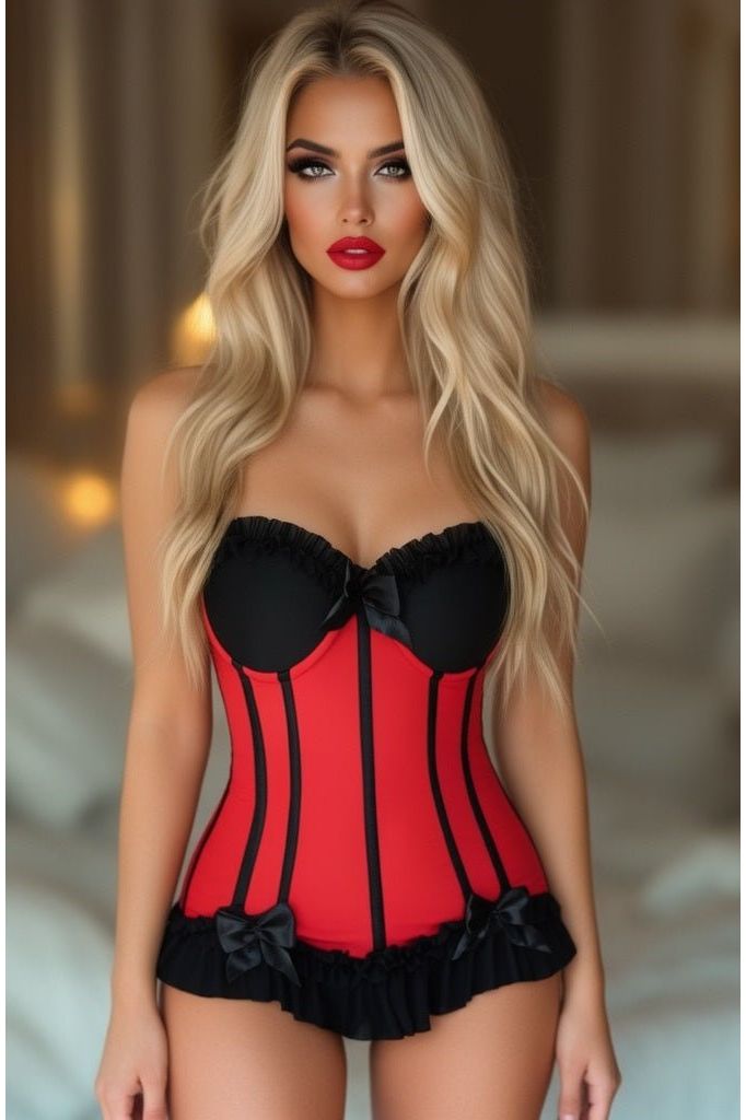 Lavish Red/Black Lycra Hook & Eye Stretch Bustier Corset - Daisy Corsets