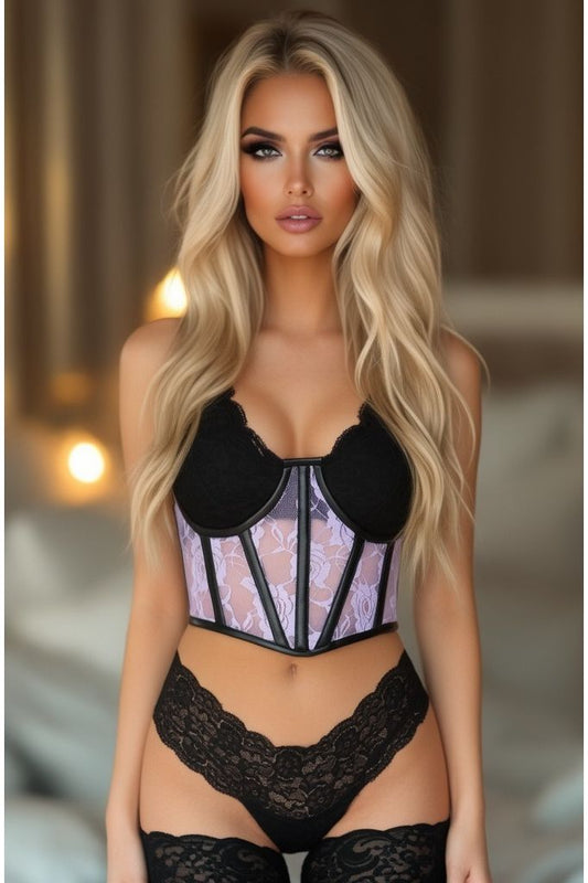 Lavish Sheer Lavender Lace & Faux Leather Open Cup Waist Cincher