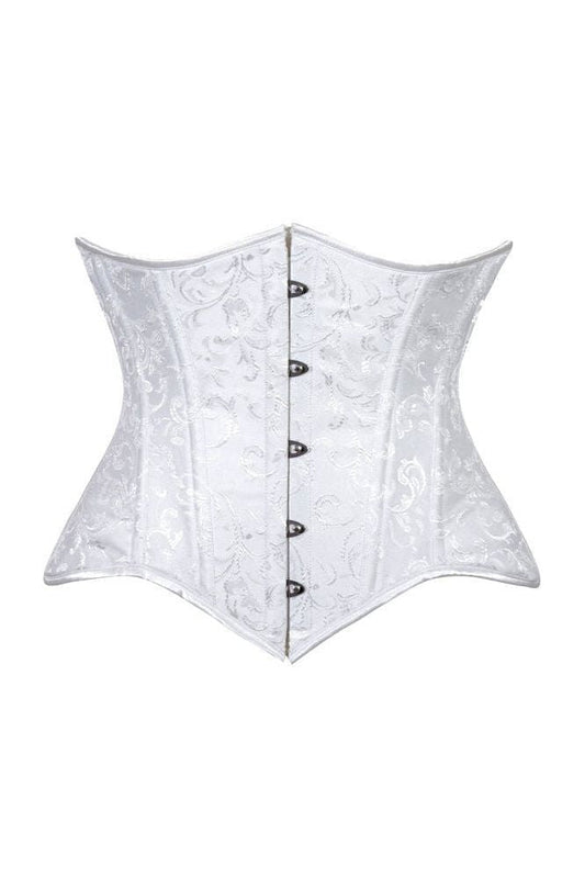 Lavish White Brocade Waist Cincher Under Bust Corset w/Front Busk Closure