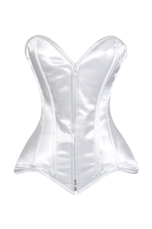 Lavish White Satin Front Zipper Overbust Corset