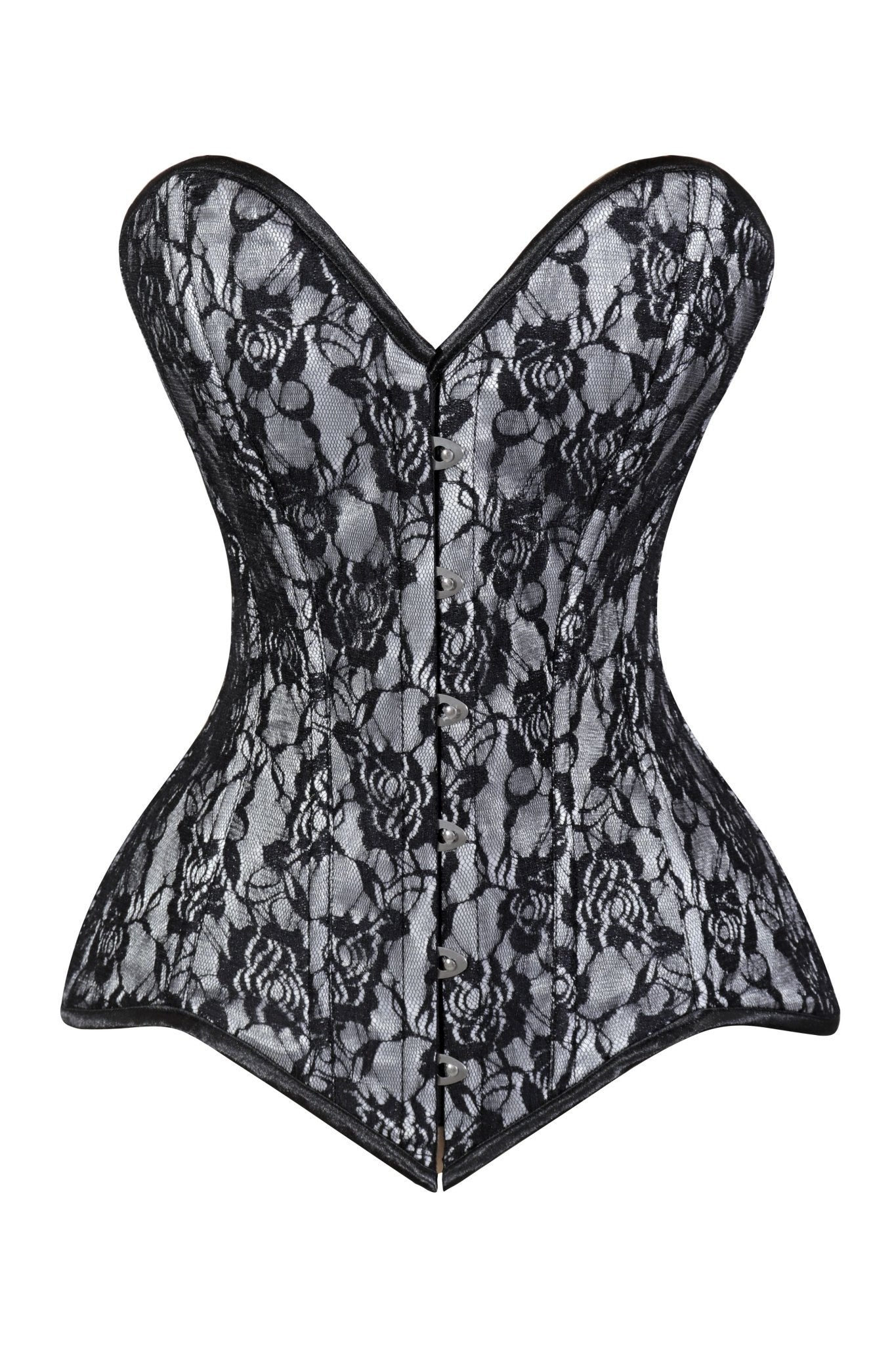 Lavish White/Black Lace Overbust Corset Sweetheart Neckline Busk Closure - Daisy Corsets