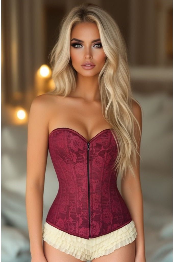 Lavish Wine Lace Overbust Corset w/Zipper - Daisy Corsets