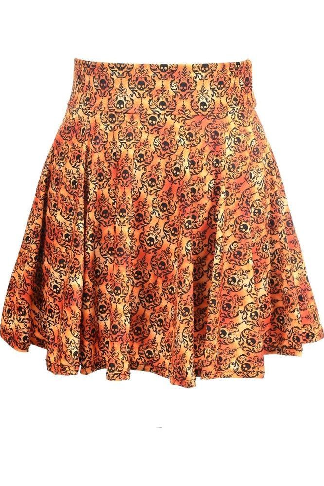 Orange Skulls Gothic Print Stretch Lycra Skirt - Daisy Corsets