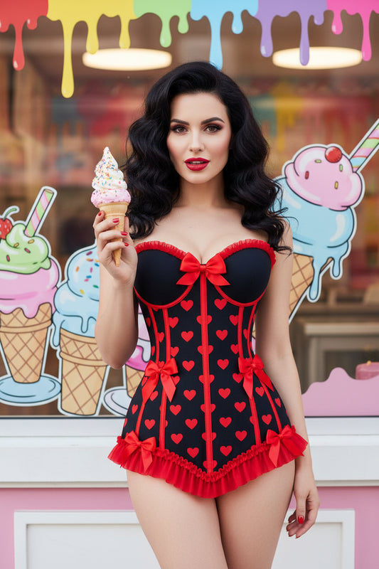Lavish Black and Red Hearts Lycra Hook and Eye Back Closure Bustier