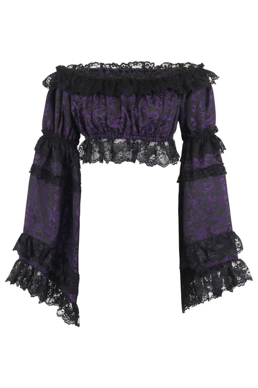 Purple/Black Brocade Smocked Flare Sleeve Peasant Top