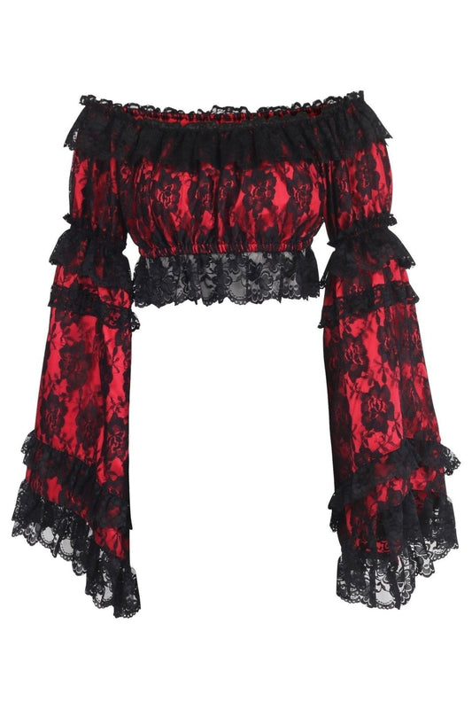 Red/Black Lace Smocked Flare Sleeve Peasant Top