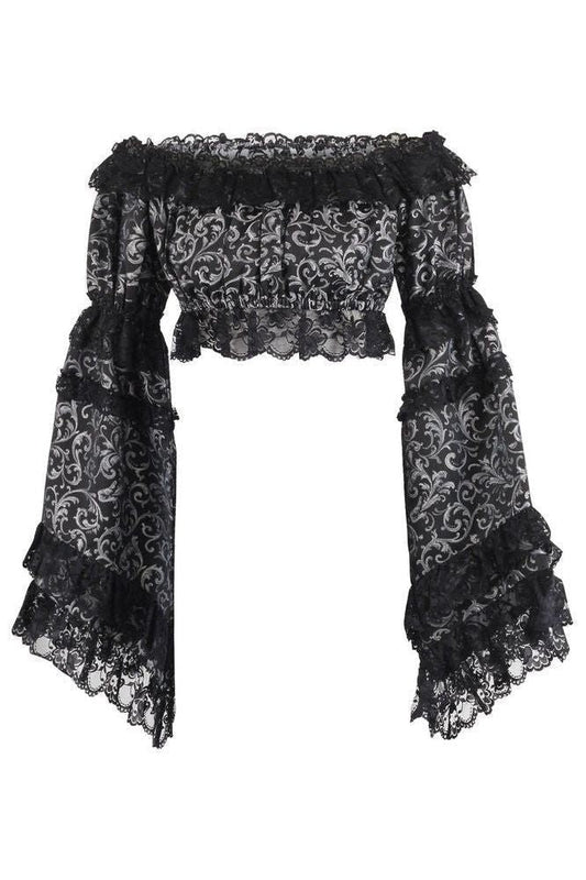 Silver/Black Brocade Smocked Flare Sleeve Peasant Top