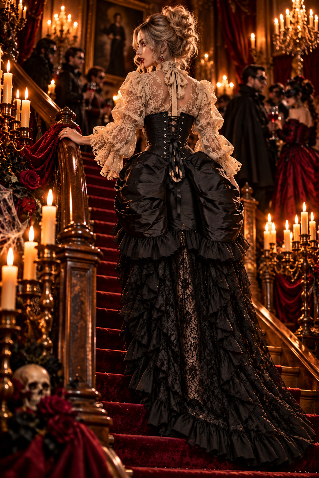 Top Drawer Steel Boned Black Lace Victorian Bustle Underbust Corset Dress