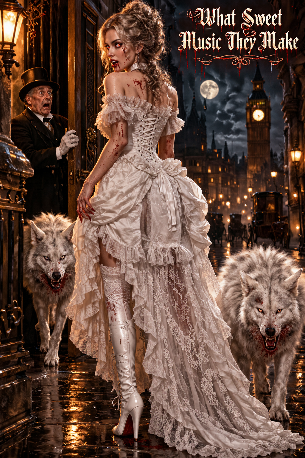 Steel Boned White Lace Victorian Vampire Bustle Corset Dress