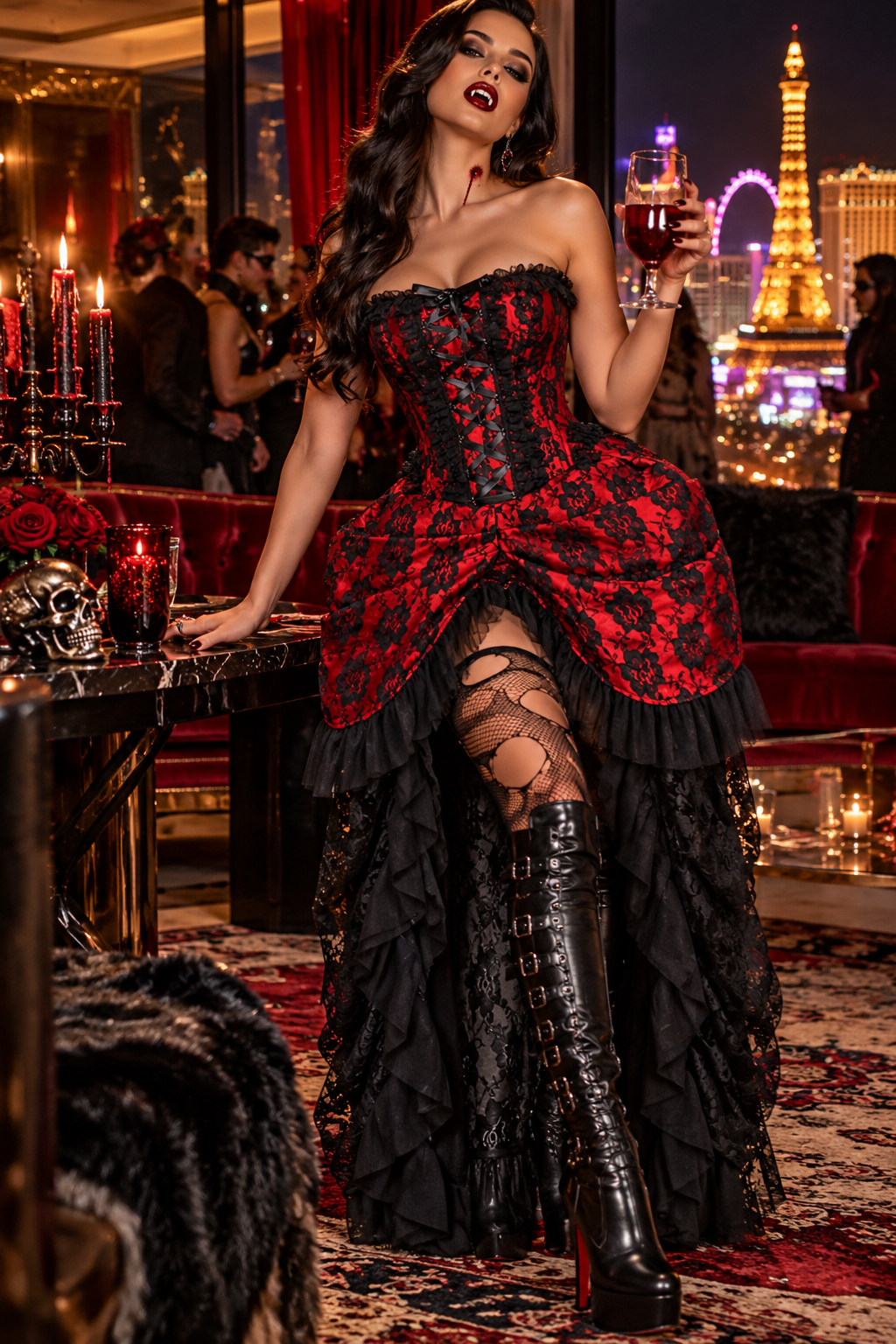 Red/Black Lace Bustle Vampire Corset Dress