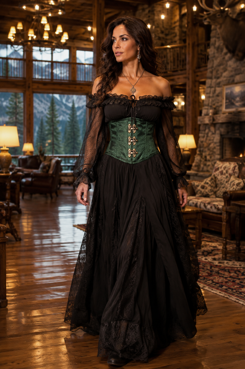 Top Drawer Dark Green Brocade Steel Boned Mini Cincher with Clasps