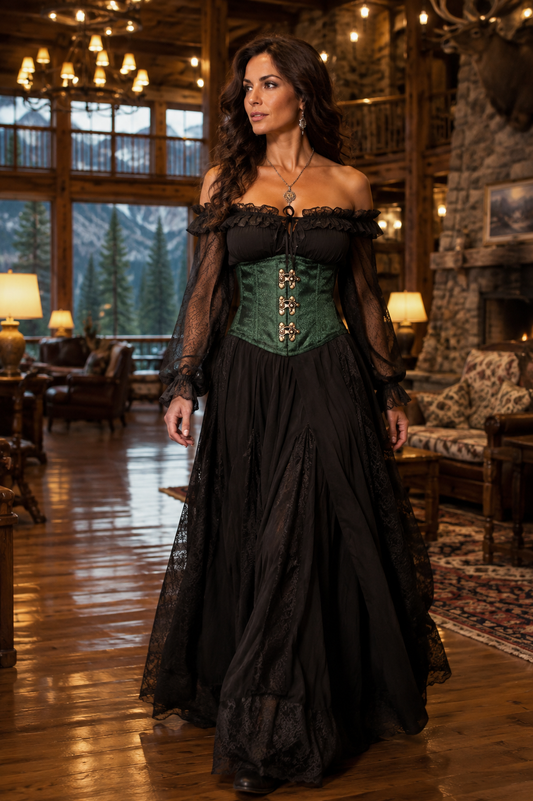 Top Drawer Dark Green Brocade Steel Boned Mini Cincher with Clasps