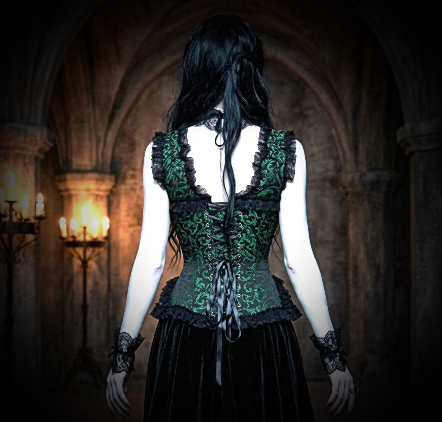 Sexy Vampire Green/Black Swirl Brocade Corset