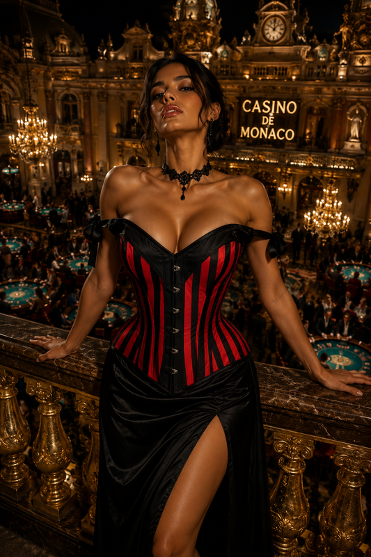 Top Drawer Red and Black Striped Steel Boned Corset with Straps