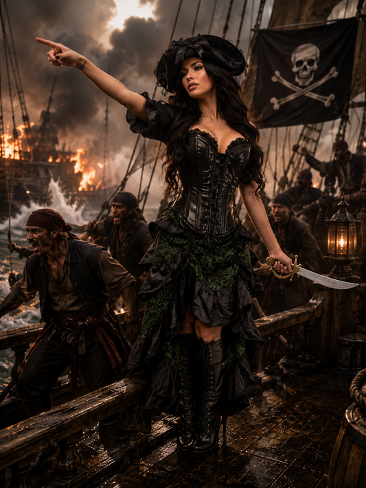 Top Drawer 4 Piece Green and Black Premium Pirate Corset Costume